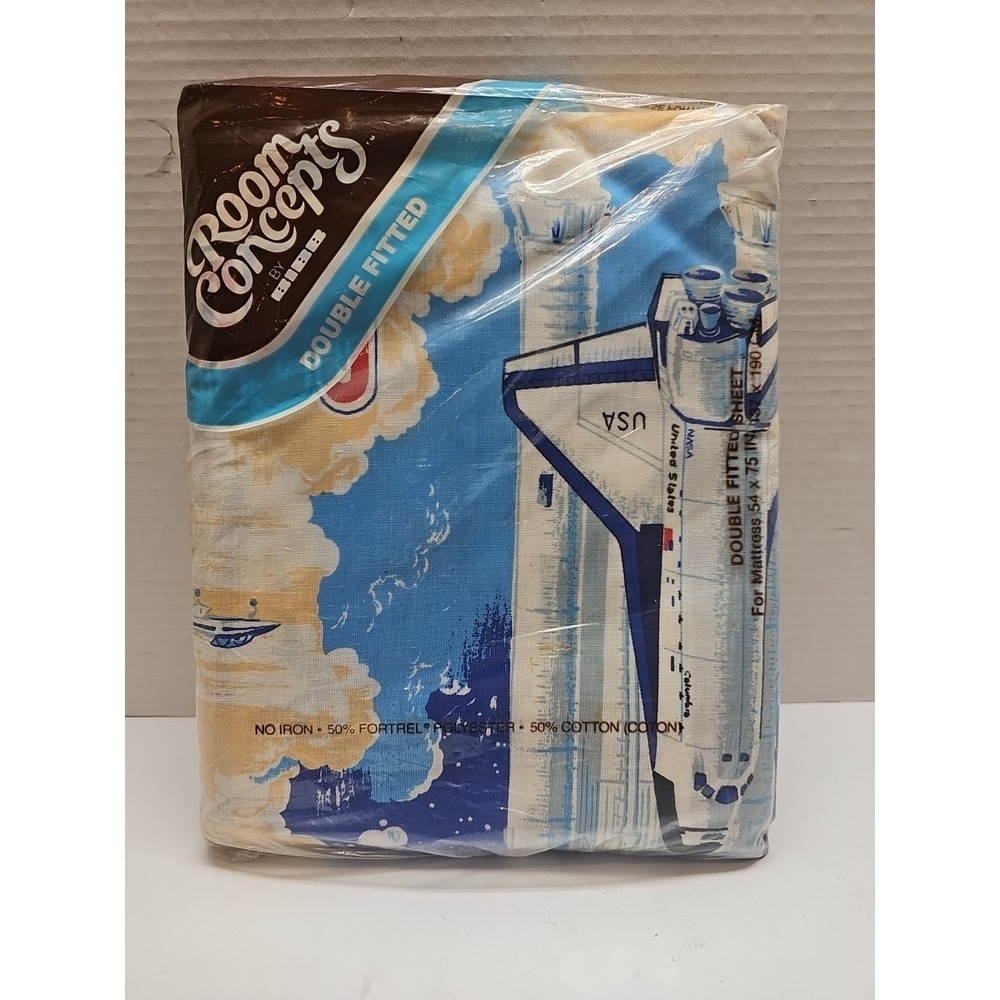Vintage‎ BIBB Room Concepts Double Fitted Sheet Nasa Shuttle Columbia USA Made